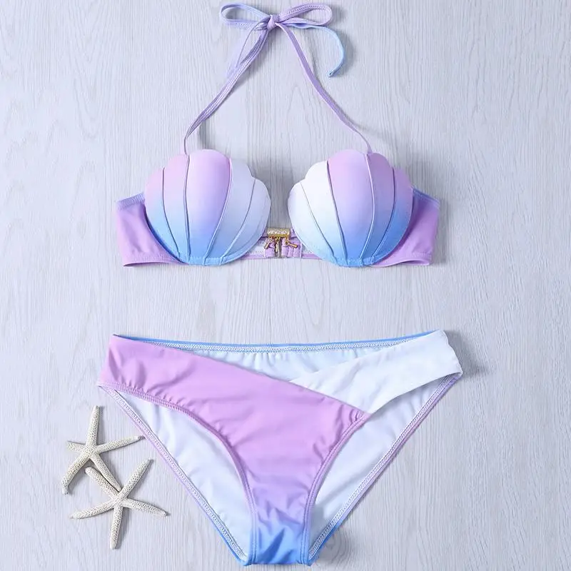 

Mermaid Shell Bra Push Up Two-Piece Suit Swimwear Gradient Color Beachwear Sexy Bikinis Set Swimsuit Biquini Maillot De Bain
