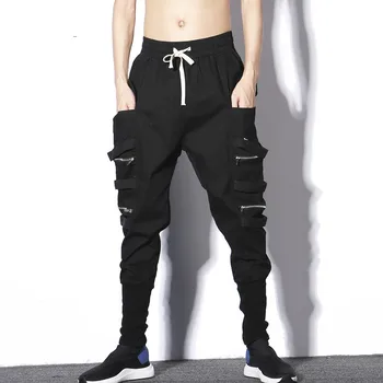 

#1703 Men Jogger Streetwear Pants With Side Pockets Spring Autumn Pencil Harem Pants Men Elastic Waist Black Hip Hop Pants Dance