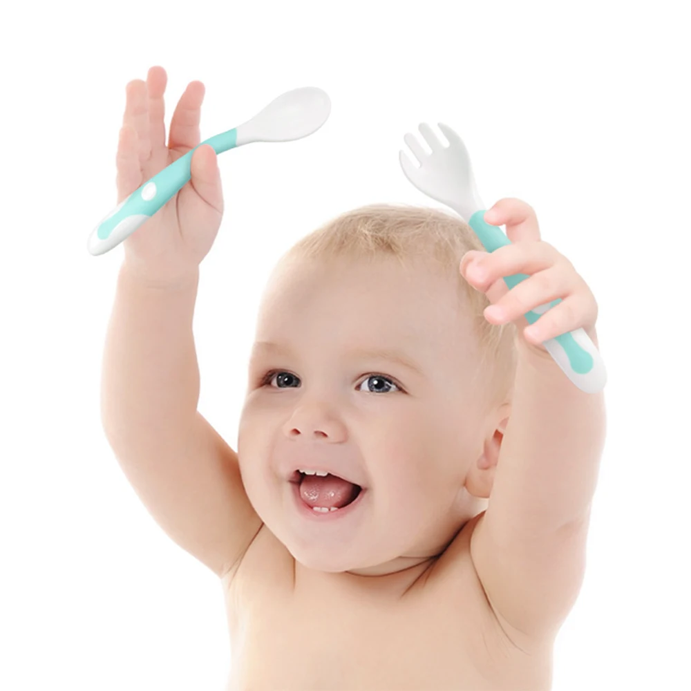 Baby Self Feeding Training Spoon + Fork Curved Utensil Easy Grip