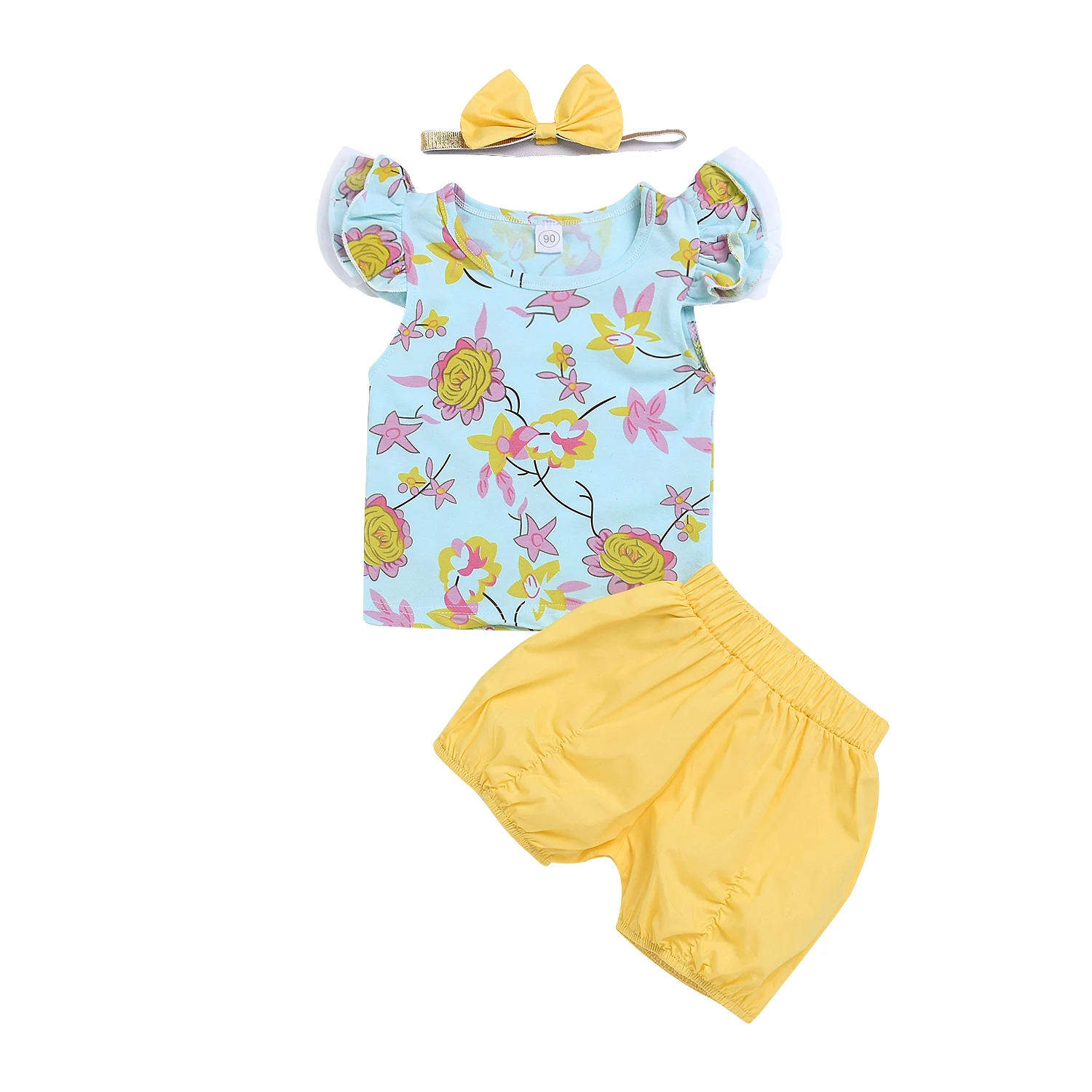 

Newborn Baby Girls Clothing Set Cotton Fly Sleeve T-Shirt Cute Floral Toddler Kid Tops Headband Shorts Summer Baby Outfit
