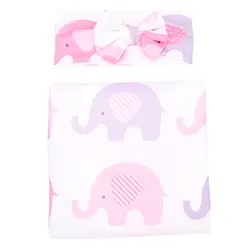 Для новорожденных пеленать Цветочные хлопчатобумажное одеяльце с Больничная головная повязка значение Набор слон