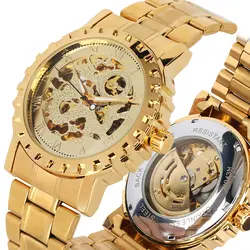 Многосторонние Шестерни часы золотой ободок Скелет механические часы Полный Нержавеющая сталь ремень сверху брендовые Роскошные