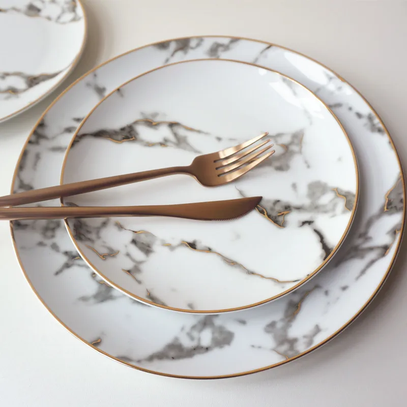 

wholesale 8 and 10 inch Gold inlay Marble dinner Plate Dish set Dessert Plate Wholesale Dinnerware Cake dish dessert tray