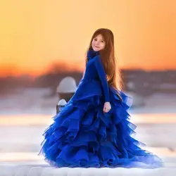 Дешевые Королевский синий для девочек в цветочек платья аппликации одежда с длинным рукавом бальное платье формальное оборками причастия