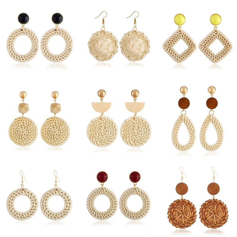 

Wooden Rattan Vintage Round Summer Geometric Jewelry Straw Woven Fashion Dangle Hemp Rope Bohemian Holiday Earrings Women