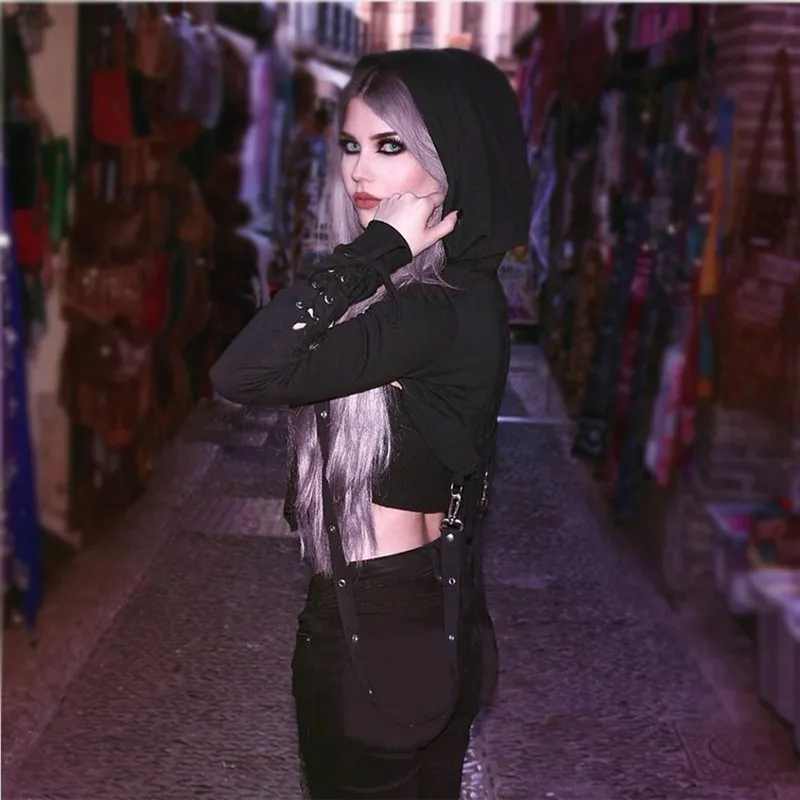 

Autumn Spring Women Girls Gothic Tops Long Sleeve Lace Up Hooded Sweatshirts Zip Up Crop Hoodie Sweatshirts
