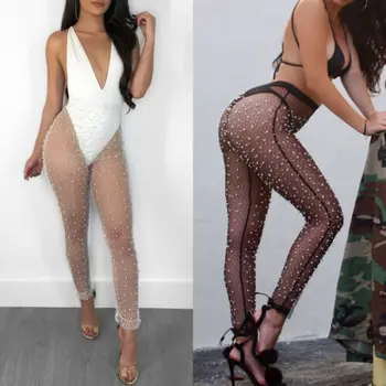 

Women Mesh Bead Sheer Legging Transparent See Through Skinny Bikini Cover Pants