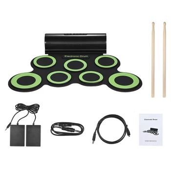 

Portable Digital Mono Electronic Drum Set Kit 7 Silicon Pads with Drumsticks Foot Pedals 3.5mm Audio Cable for Beginners Kids