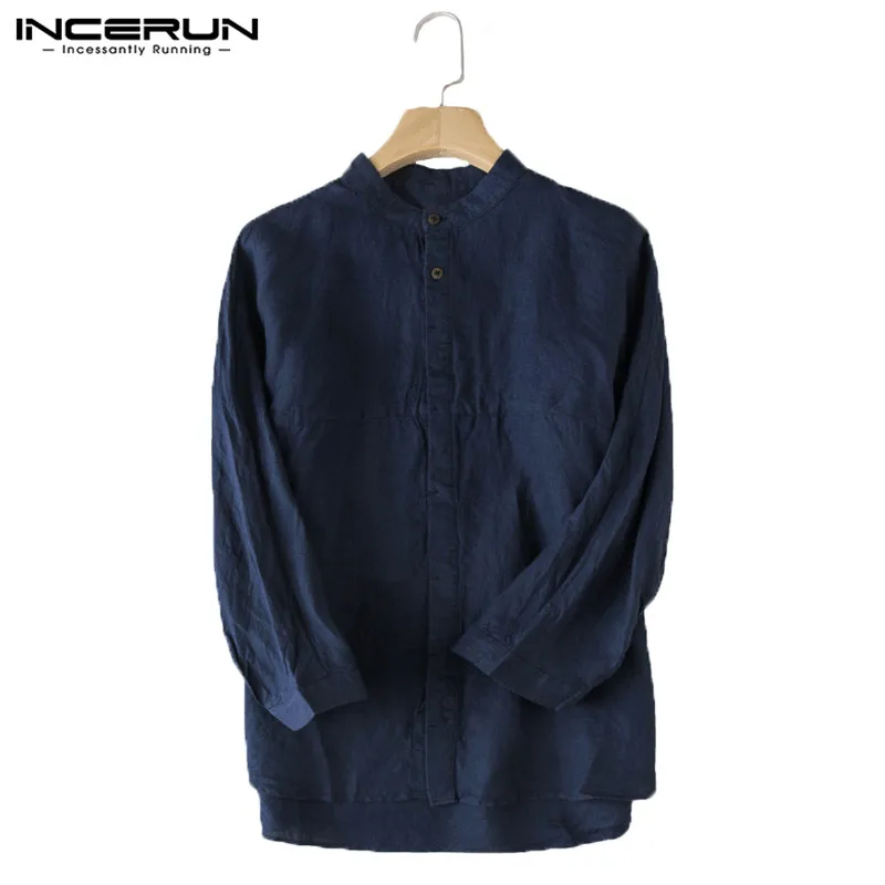  Vintage Men's Shirt Stand Collar 3/4 Sleeve Button Cotton Linen Solid Color Blouse Chinese Style Le