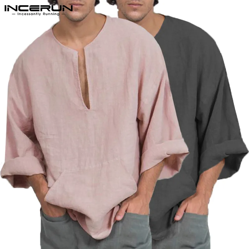 

Beach Mens T Shirts Long Sleeve Loose Fit Deep V Neck Man Tshirts Jooger Casual Tee Men Tops Clothes Tunic Camisa Hombre Chemise