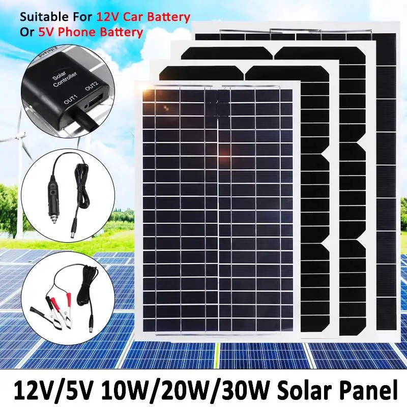 

Flexible Solar Panel Plate 12V/5V 30W 20W 10W Solar Charger For Car Battery 12V 5V Phone Battery Sunpower Chip Module Kit