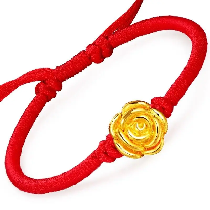 

Solid 24k Yellow Gold 3D Lucky Fu Rose Bead Red Cord Knitted Bracelet 16.5cm