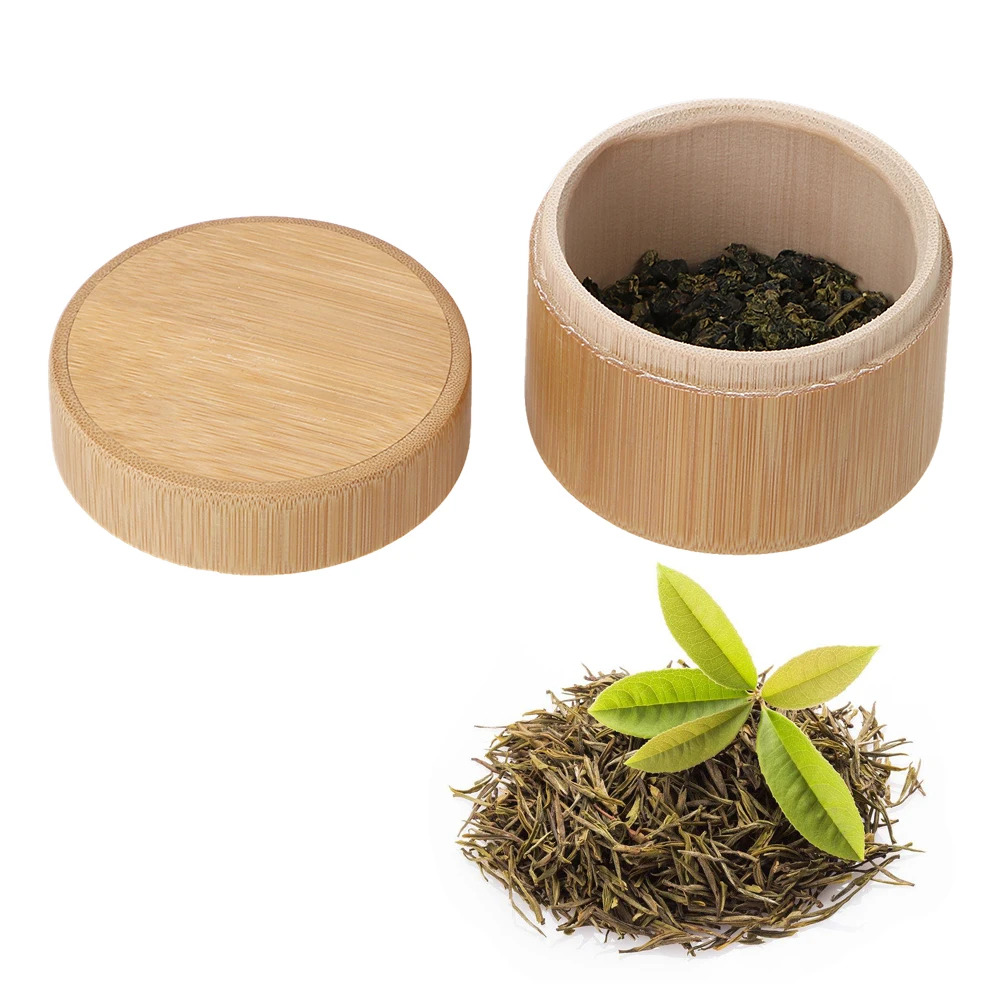 

Natural Tea Jar Storage Holder Tea Caddies Round Bamboo Tea Box Mini Portable Wooden Matcha Container Organizer