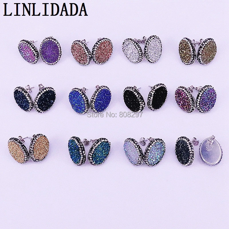 

8Pairs Crystal Rhinestone Paved Oval shape Titanium Quartz Stone Stud Earrings Fashion Gems Earrings For Women