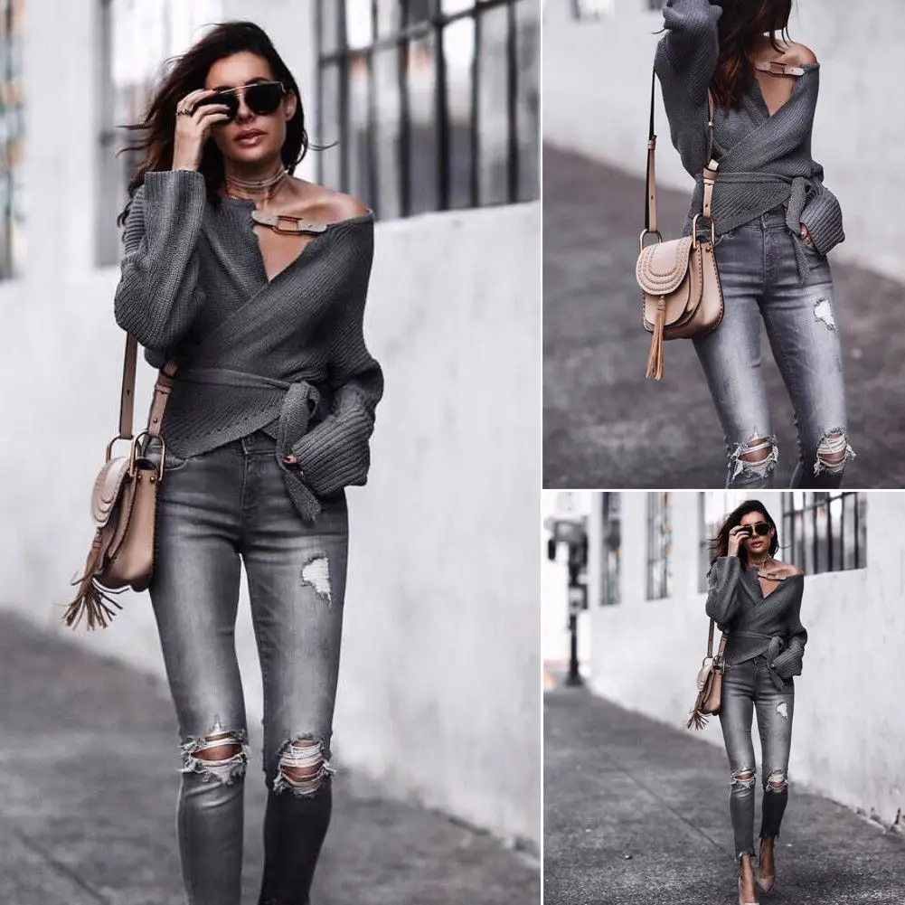 

Hirigin Brand New Casual Loose Sweater 2019 Hot Women Winter Wrap V Neck Back Cross Casual Knitted Tops Sweater Jumper Pullover