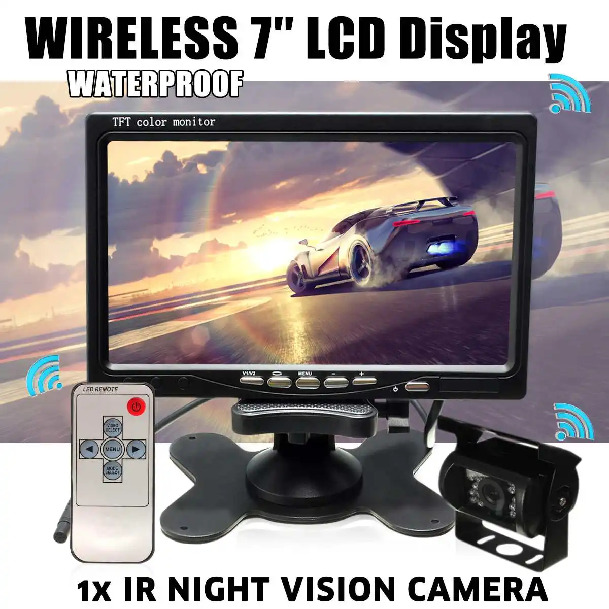 

12V Car Rear View Wireless Backup Reversing Camera Kit 7 inch TFT LCD Monitor Night Version Kit