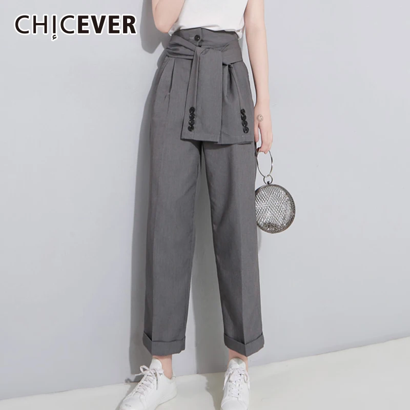 

CHICEVER High Waist Trousers For Women Wide Leg Pants Loose Big Size Bandage Ankle Length Pant Female Summer 2019 Fashion Tide