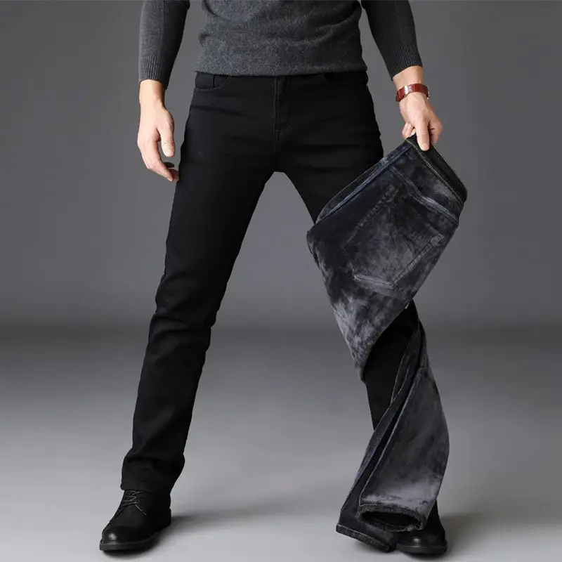 Winter Jeans Men Classic Black Color Slim Fit Stretch Thick Velvet Pants Warm Jeans For Men Fashion Casual Fleece Trousers Male