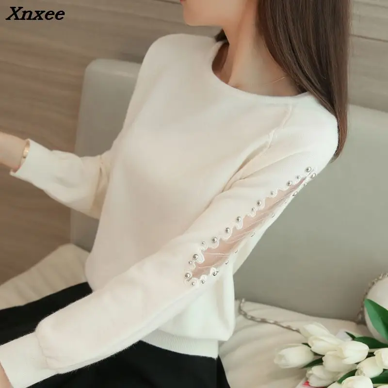 

Xnxee 2018 spring A loose sweaters female short lace beading sweater hedging all-match shirt solid Xnxee