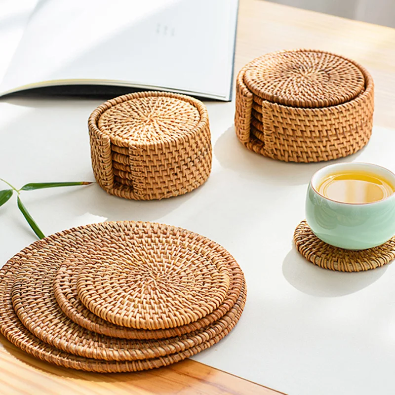 

Placemat Pad Coasters Kitchen Table Mats rattan coaster Bowl Mats Padding Mat Insulation Pad Round Placemats Hand-made