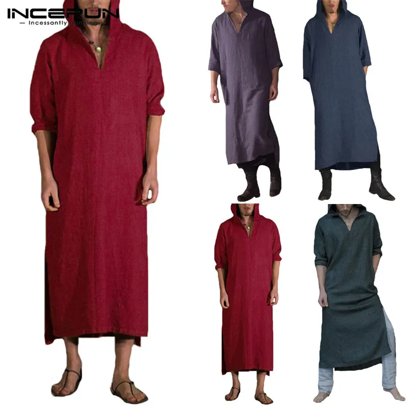 INCERUN Vintage Men Kaftan Hooded Long Sleeve V neck Loose Robes Men