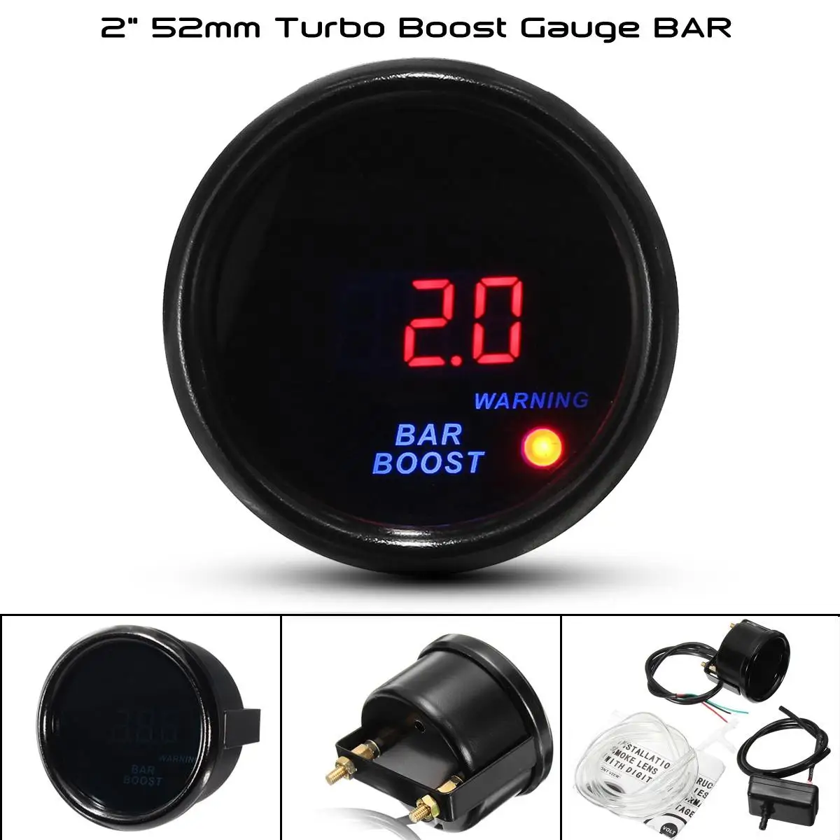 

2inch 52mm -1~2 BAR Turbo Boost Gauge Digital LED Display Black Face Car Meter with Sensor 12V