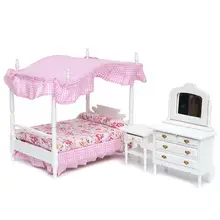 1:12 Кукольный домик миниатюрная мебель для спальни Навес кровать комод прикроватный шкаф 3 шт