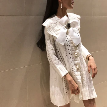 

SHENGPALAE 2020 New Spring White Clothes Turn-down Collar Long Sleeve Personality Hollow Out Korean Fashion Women Dress FL6740