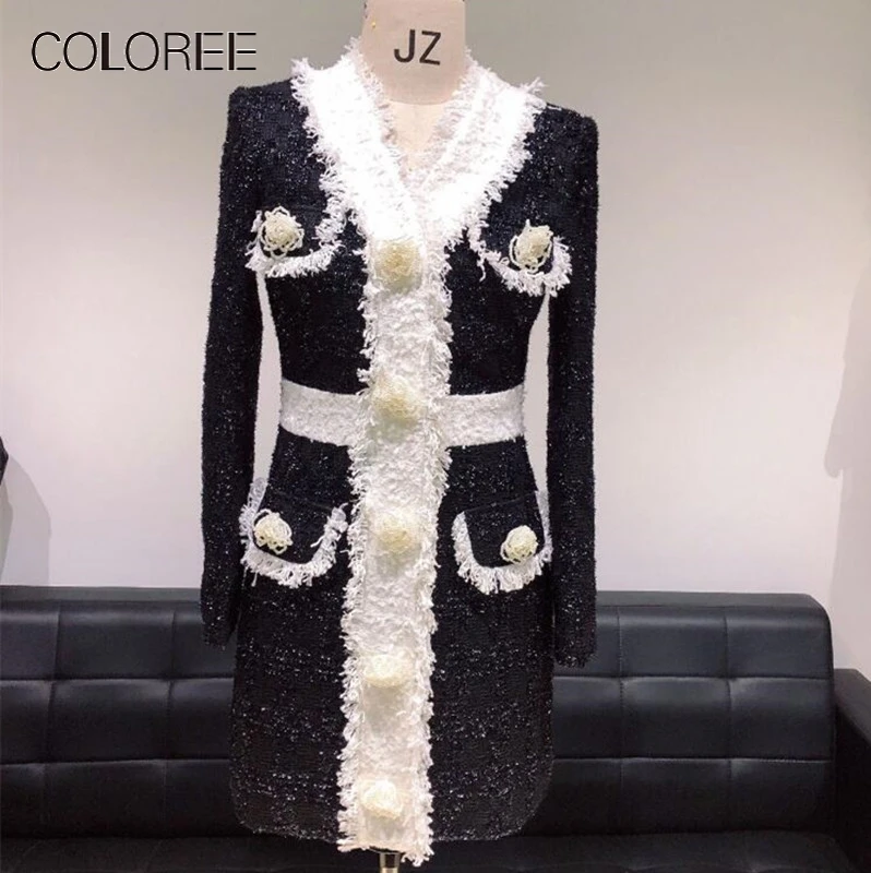 

High Quality Runway Dress 2019 Women Elegant Vintage Pearl Flower Buttons Wool Dress Sping Autumn Long Sleeve A-line Mini Dress