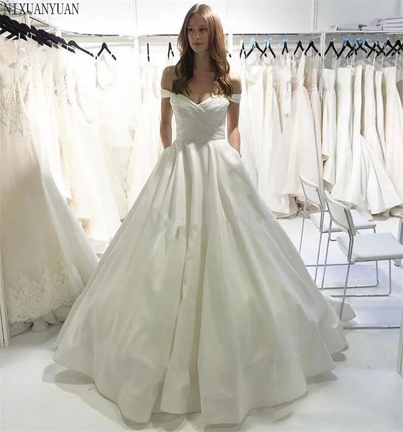 

Elegant White Satin Wedding Dresses 2019 A Line Off Shoulder Plus Size Simple Arabic Vestido De Novia Bridal Gowns with Pockets