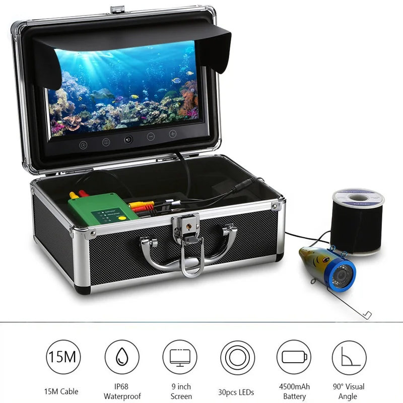 

Underwater Fish Finder IP68 Waterproof Night Vision 9 Inch Monitor 15M 1000TVL CMOS Sensor 30pcs LEDs Fishing Finder