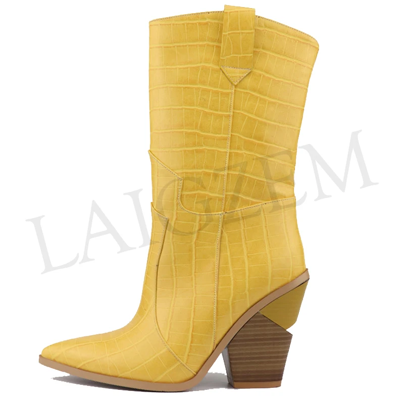 

LAIGZEM FASHION Women Mid Calf Boots Pointy Toe Block Heels COWGIRL Boots Slip On Botas Femme Shoes Women Small Big Size 33-46