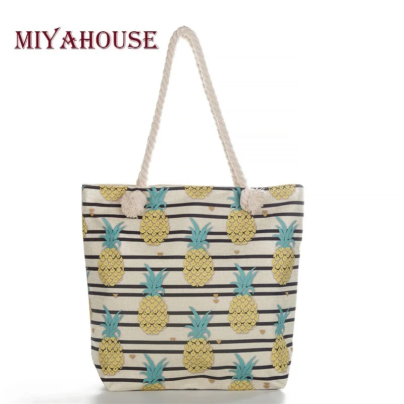 

Miyahouse Thick Cotton Rope Pineapple Print Shoulder Bag for Women 2018 Large-capacity Shopping Tote Female Canvas Beach Bag
