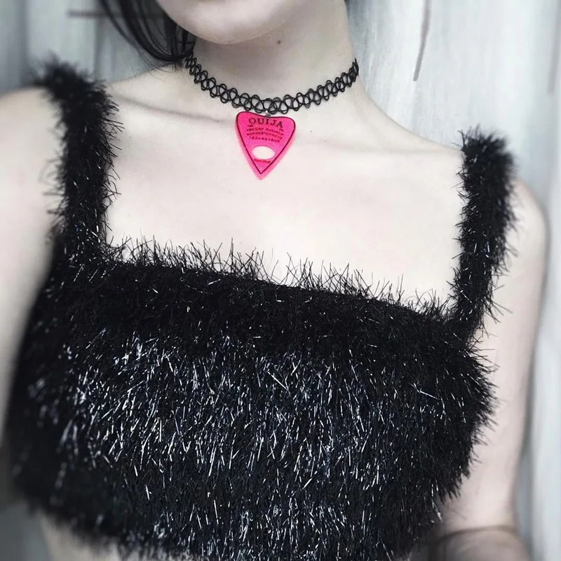 

Women Faux Fur Off Shoulder Vest Sexy Short Halter Tanks Camis 2019 Summer Fashion Black Fluffy Crop Tops Ladies Party Clothes
