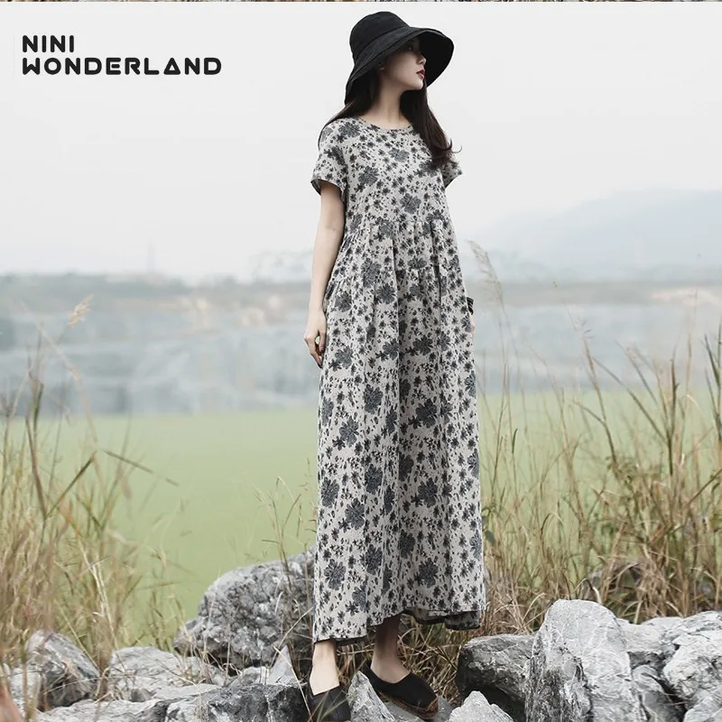 

NINI WONDERLAND 2019 Summer Print Short Sleeve Dress Women Printed Ramie Cotton Printed Dress Mori Girl Style Big Size Dresses
