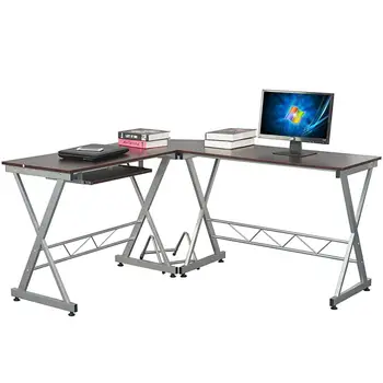 

L-Shaped Wood Computer Desk Corner Desk Laptop PC Table Workstation Corner Writing Desk With Storage Shelves Brown US Stock Ship