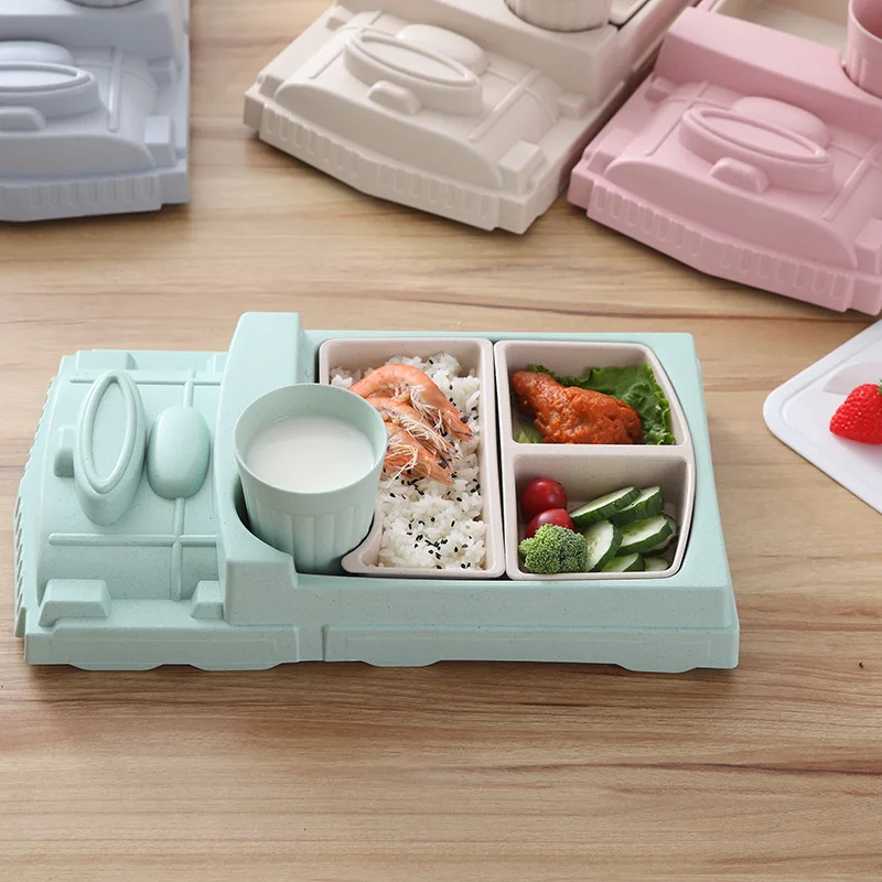 GZZT Bamboo Fiber Baby Food plate Cartoon Train Shape Bowl Lunch Box Health and Safety Kid Children Feeding Plate Tableware