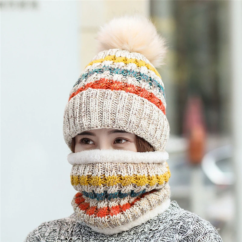 Зимние шапочка-шарф наборы для женщин флис теплый плюш вязать термальность снег лыжный кепки новый skullies шарфы и шапочки наборы