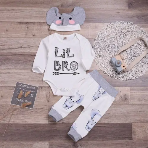 

3pcs Newborn Baby Boy Little Brother Tops Romper +Pants Hat Outfits Set Clothes 0-2Y Cartoon Elephant Clothing