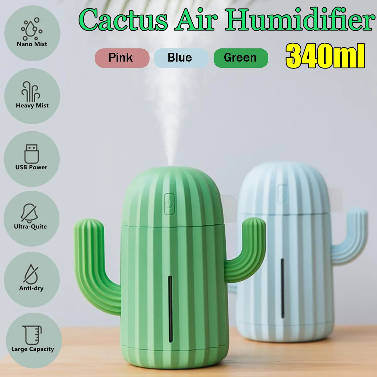 

340ML USB Air Humidifier Cactus Timing Aromatherapy Diffuser Mist Maker Mini Aroma Atomizer for Home 1.5W