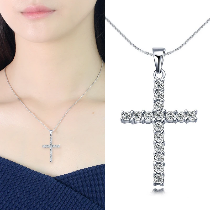 

Silvery Crystal Jewelry Accessories Fashion Long Sweater Chain Necklaces for Women Cross Pendant Necklace