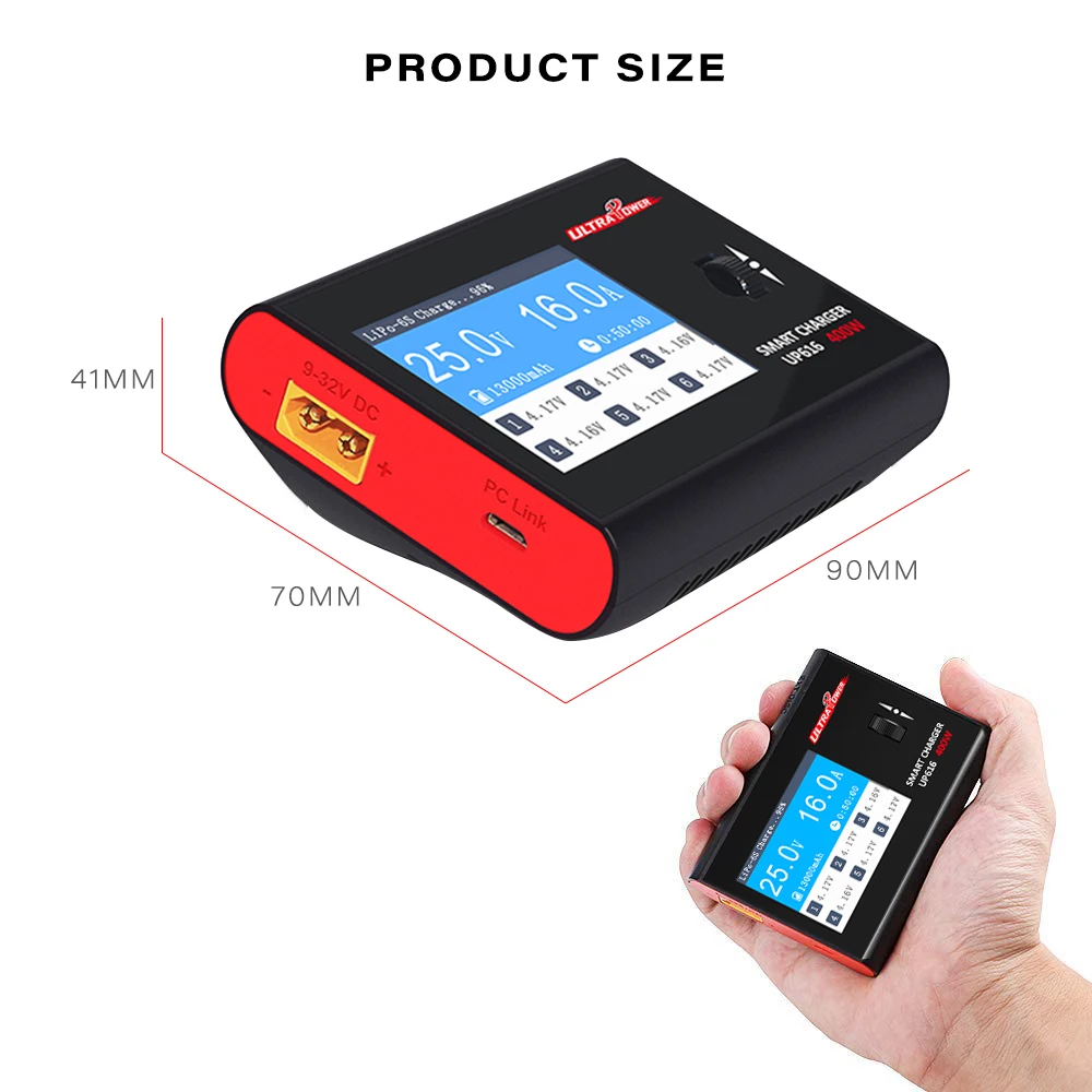 

RC Quadcopter UP616 400W 16A Smart Pocket Charger Discharger for RC Car Drone Li-Po Li-Hv Li-Ion Li-Fe NiMH Ni-Cd Pb Battery