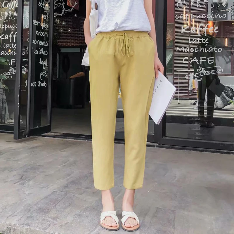 

Ramie Cotton Ankle Length Pants Women Casual Spring Regular Elastic Waist Trousers For Woman 2019 Solid Candy Colors Harem Pant