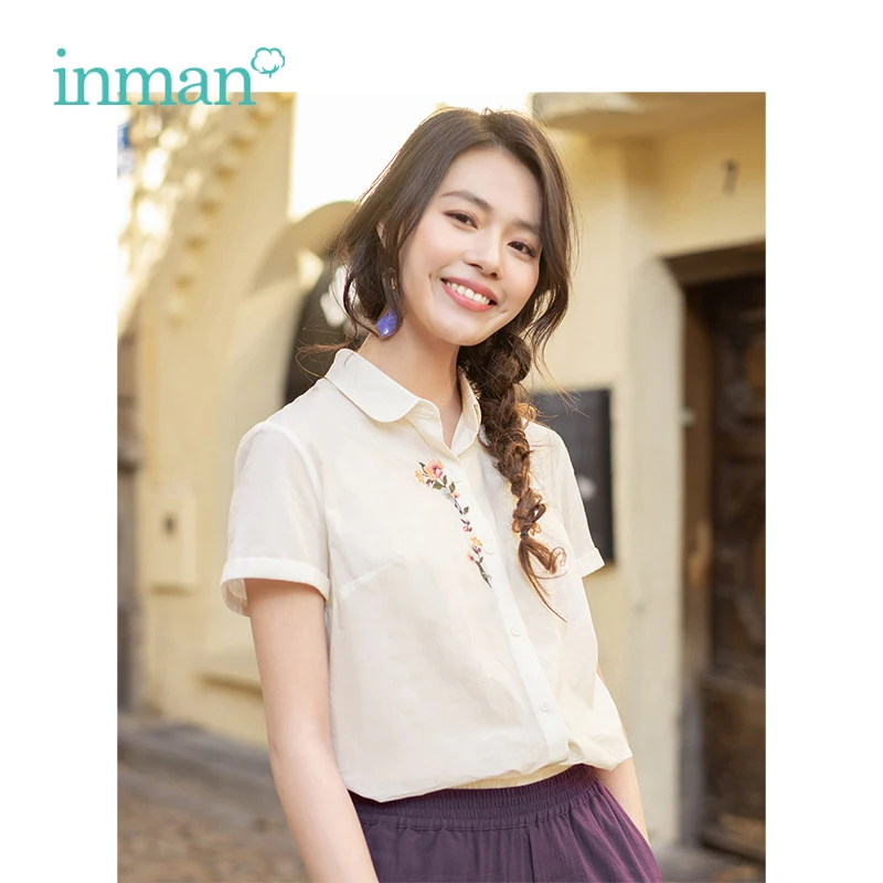 

INMAN 2019 Summer New Arrival Cotton Short Sleeve Turn down Collar Embroidery Literary All Matched Women Blouse