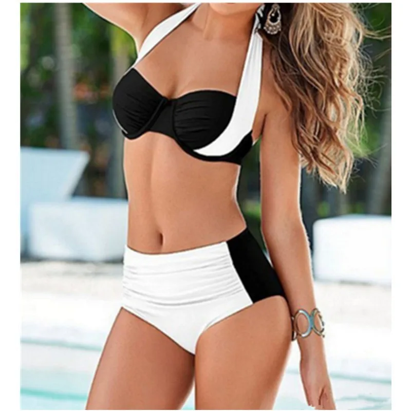 

JRNNORV High Waist Swimsuit Pink/Blue/White Bikinis Women Bandage Top Push Up Swimwear Female Bathing Suits Beach Wear BC0049