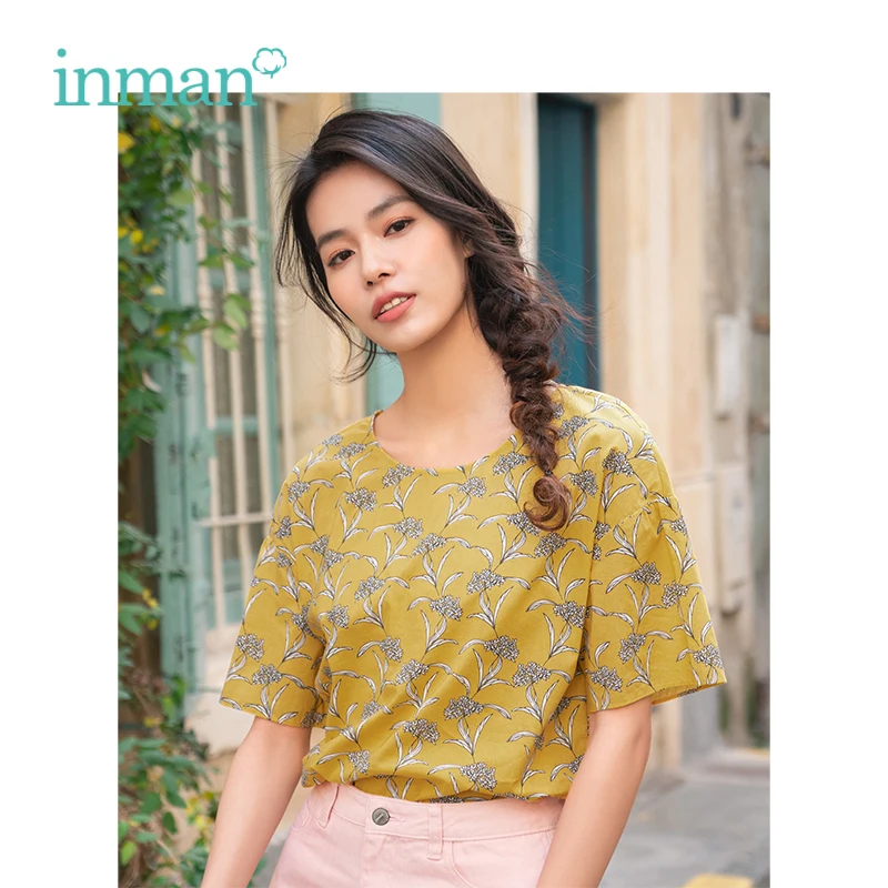 INMAN Summer O-neck Literary Floral Retro Holiday Style Slim Short Sleeves Women Blouse | Женская одежда