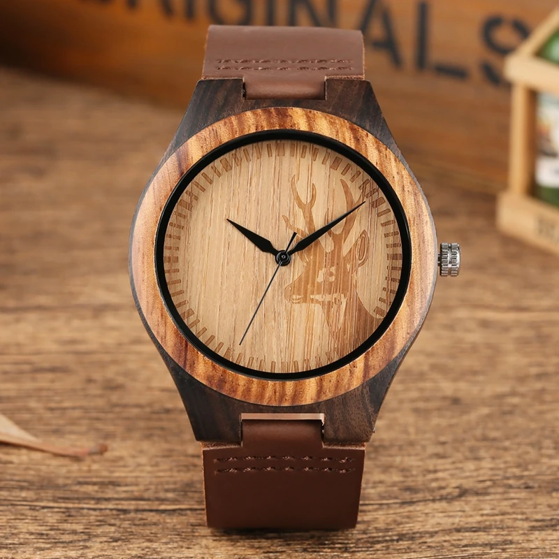 

Men's Moose Deer Elk Face Wood Watch Ultra Light Quartz Male Retro Leather Quartz Clock Male Relogio Masculino Watches for Men