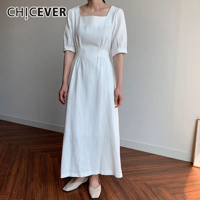 

CHICEVER Summer Casual Solid White Women Dress Square Collar Half Puff Sleeve High Waist Lace Up Bow Loose Ankle Length Dresses
