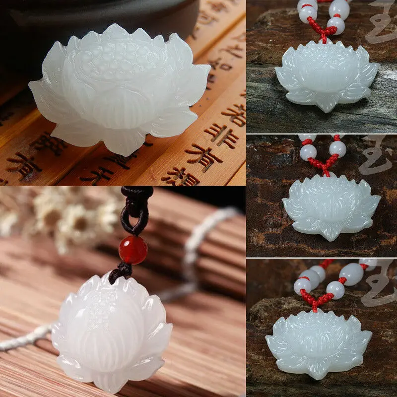 

2018 China Hand-carved White Lotus Pendant Necklace Amulet Bridal Jewelry Religious Buddhist Lotus Accessory