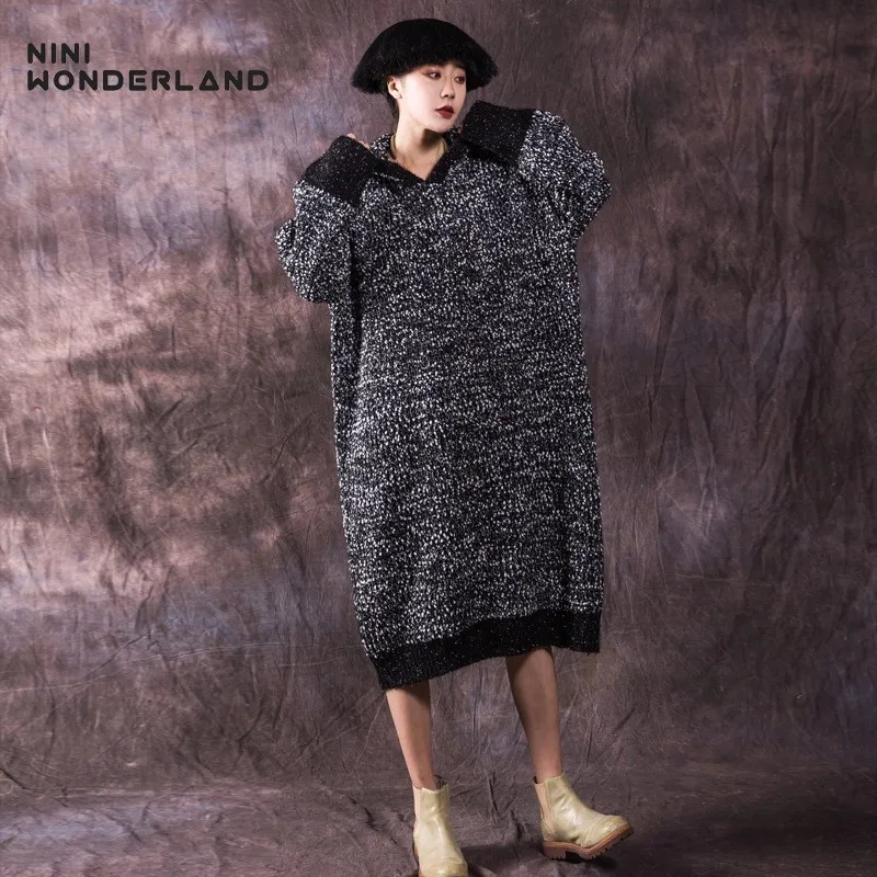 Женский свитер с капюшоном NINI WONDERLAND теплый свободного кроя длинный пуловер